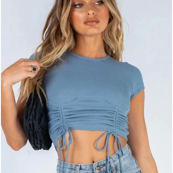 Princess Polly Tops - Women Princess Polly Stormi Crew Neck Ruched Crop Top in Blue Gray Size 8